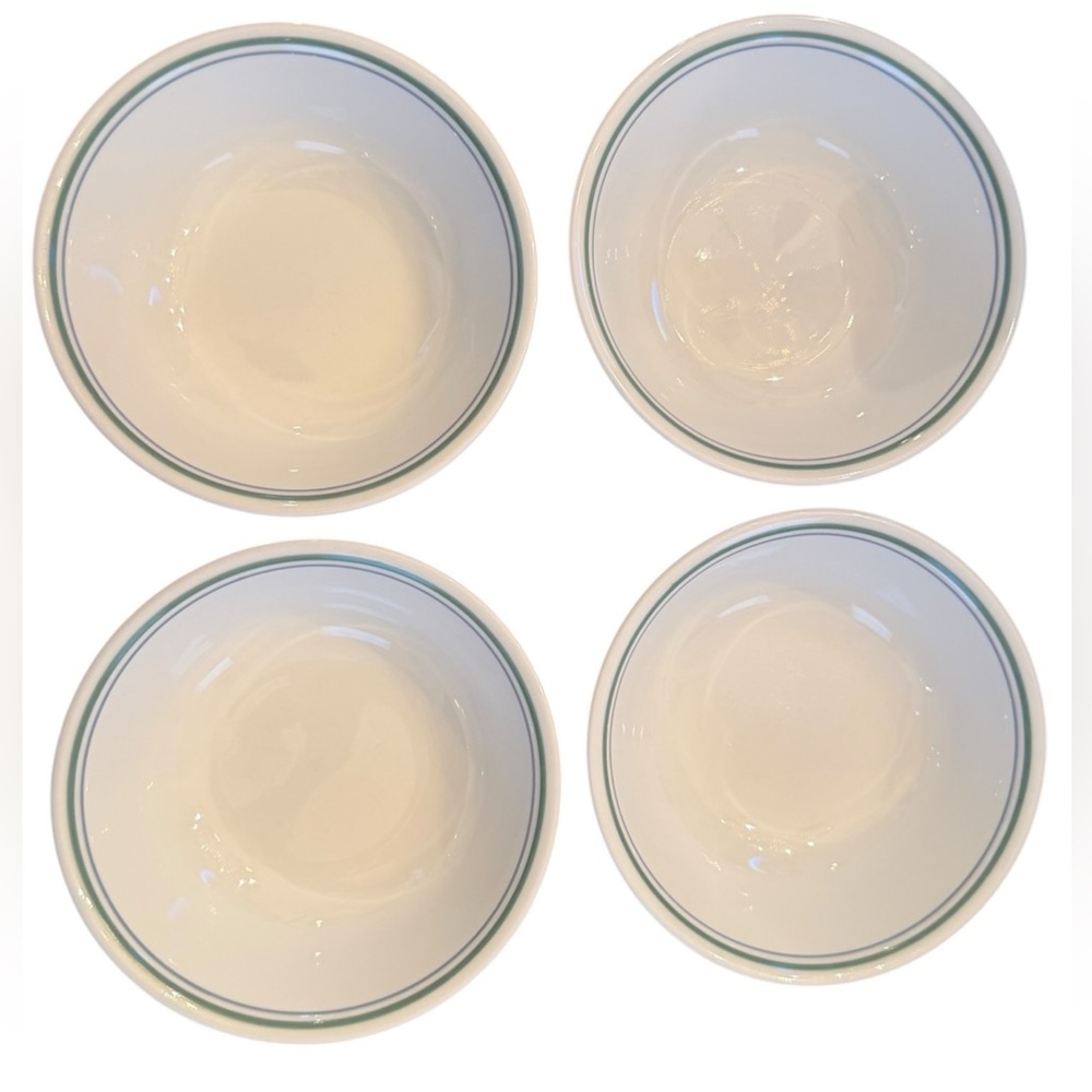 CORELLE COUNTRY COTTAGE MADE IN USA 4 SOUP/ CEREAL BOWLS 6 1/4" BLUE/CREEN BANDS